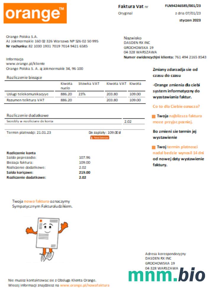 Orange Poland rachunek za usługi komunalne